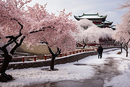 桃花风景雪中桃李冬日风景背景