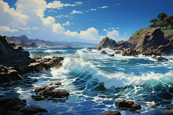 岩石海岸的宁静-岩石崎岖的海岸悬崖宛如莫奈的描绘图片