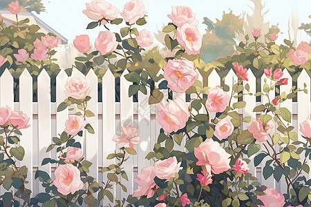 栅栏 花园围栏边盛开的玫瑰花插画