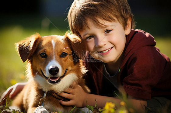 户外的男孩和他的狗图片