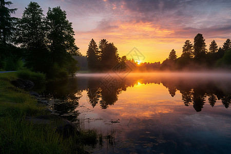 晨曦中的湖畔风景图片