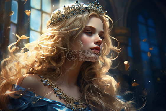 仙境之金发女孩佩戴皇冠侧面图片
