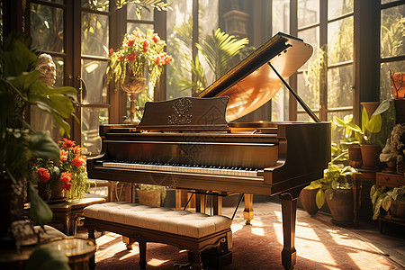 阳光房间里摆放的钢琴背景图片