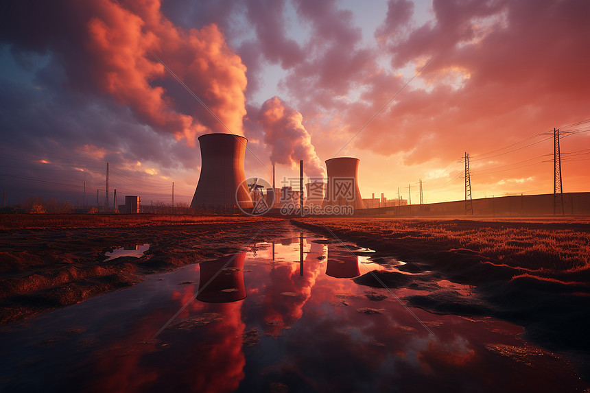 日落时的地热发电厂图片