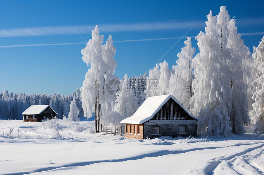 冬天雪地中的房屋图片