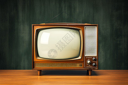 木桌上古老的电视机背景图片