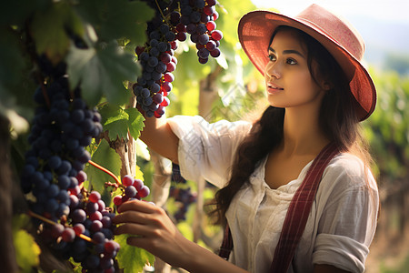 采摘葡萄的少女图片