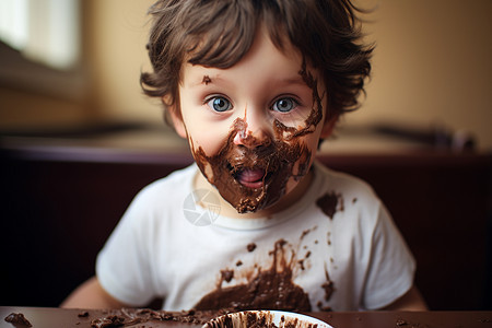 小男孩脸上的巧克力图片