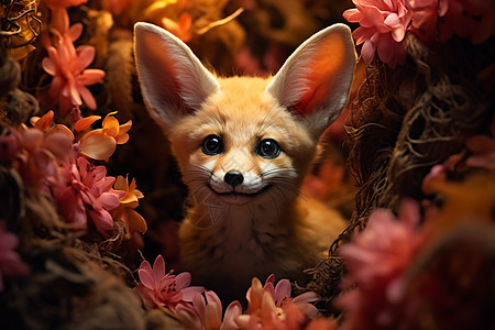 粉色花朵中的狐狸图片