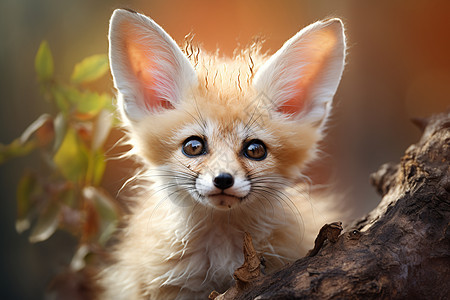 木头旁的可爱狐狸图片