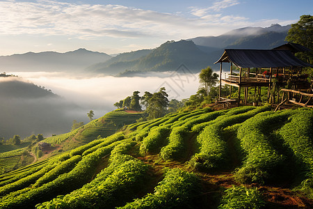 山上的房子和茶树图片