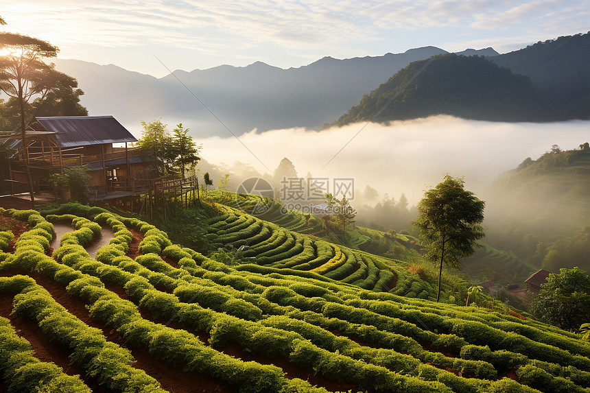 山脉上的农业茶树图片