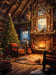 木屋内的圣诞树图片