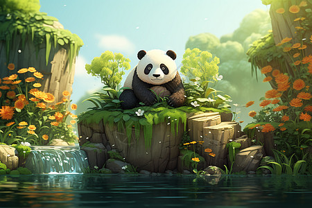 岩石上的熊猫图片