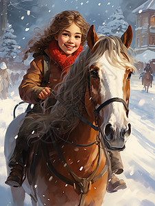 雪地中骑着马儿的小女孩图片