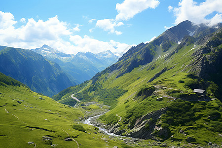 高山下蜿蜒的小河背景图片