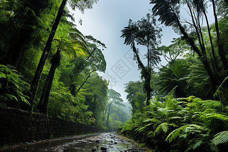 一条湿漉漉的森林下路背景图片
