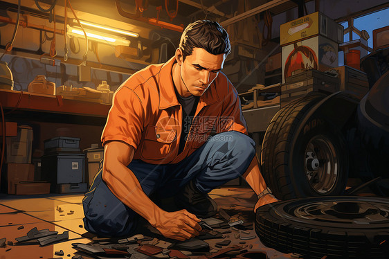 车胎检修的工人图片