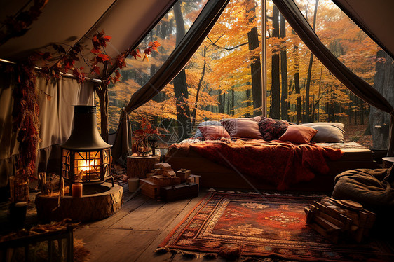 秋日黄叶间的帐篷图片