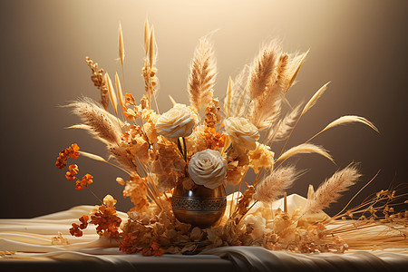 金色的麦秆丝带和花朵背景图片