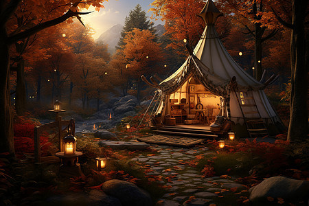 秋林中的帐篷温暖宁静之下图片