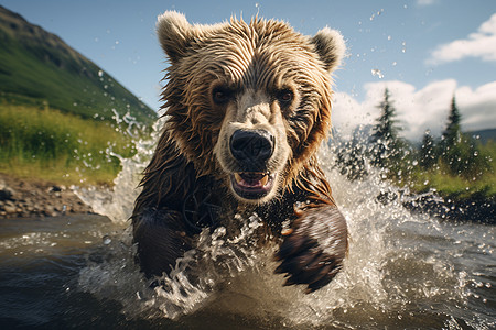 河流里奔跑的灰熊图片