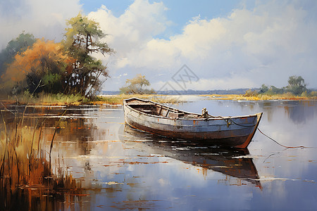 湖泊的渔船油画图片