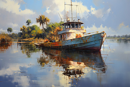 河畔钓船彩绘背景图片