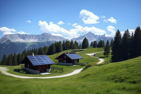 绿色山间小屋图片