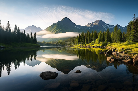 湖水山林间的景色图片