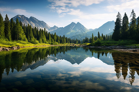 山峦环抱的湖泊背景图片