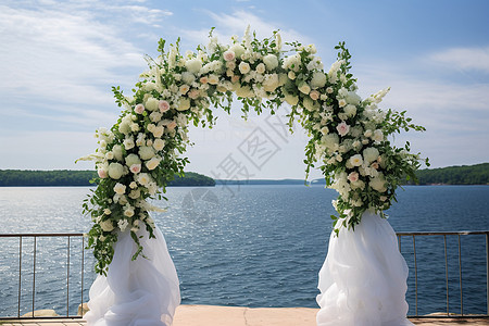 海边的花环拱门背景图片