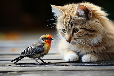 小猫和鸟儿一起坐在木地板上图片