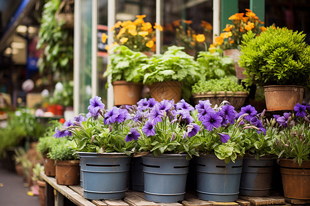 春季街边花店的鲜花盆栽高清图片