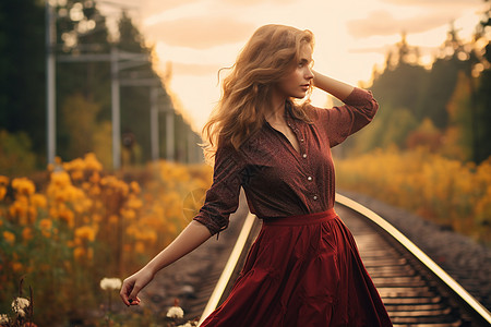 夕阳下轨道上优雅的女子背景图片