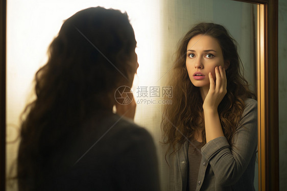 镜子前焦虑的年轻女子图片