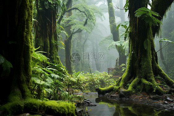 翠绿森林中的溪流图片