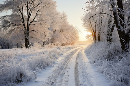 夕阳下的雪地乡间公路图片