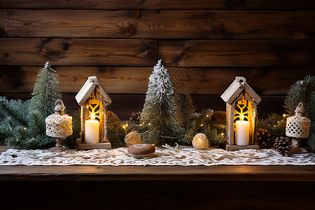桌子上的蜡烛和圣诞树图片