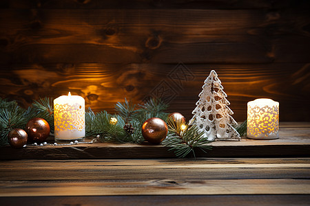 橡木桌上点燃的蜡烛和圣诞装饰背景图片