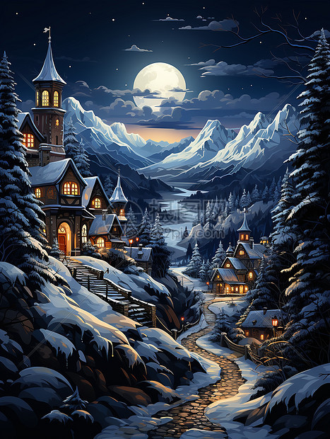 雪后月夜宁静的山间村庄图片