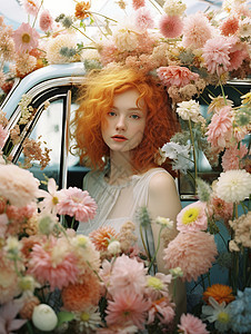 花束装饰汽车中的女子图片