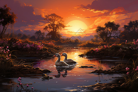 夕阳下的湖中野鸭插图图片