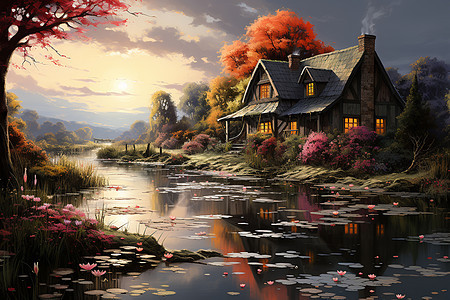 河畔景色优美的房屋背景图片
