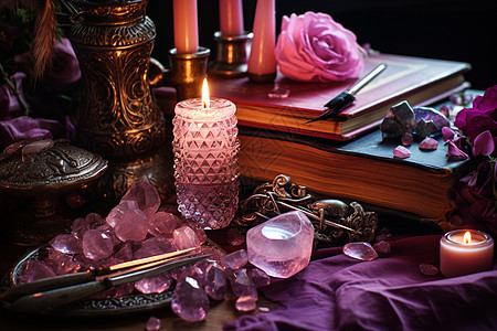 浪漫的粉色蜡烛装饰桌面图片