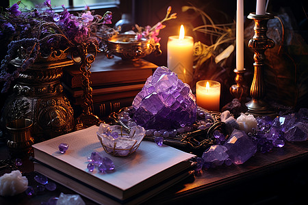 烛光旁晶莹剔透的紫水晶图片