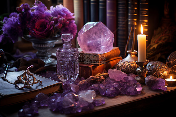 桌面上散落的紫色水晶图片