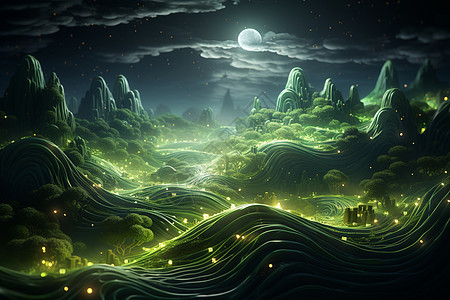 月夜梦幻唯美的山间景观背景图片
