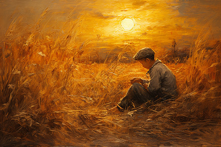 秋季稻田中的小男孩背景图片