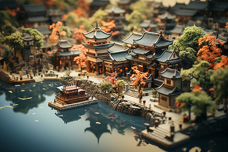 微观色彩的江南水墨古镇模型图片